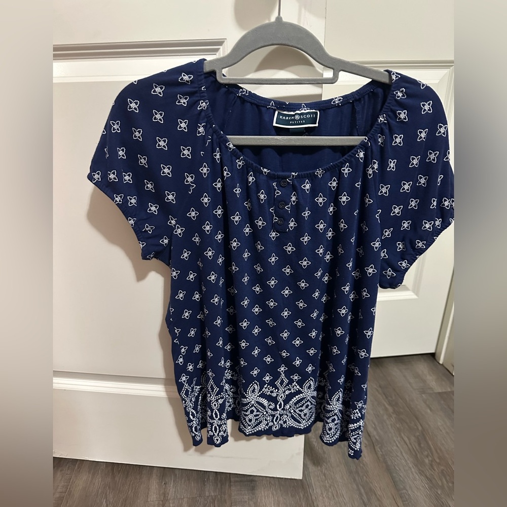 Karen Scott Blue and White Embellished Blouse